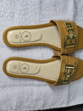 Women’s Brown Crocodile Slide Sandals yellow Logo Slip-On Casual Synthetic 9/41